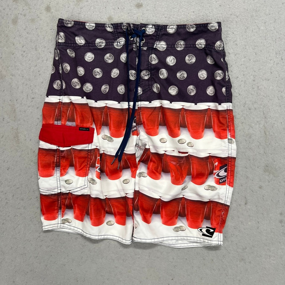 ONeill Mens Board Shorts 31 Beer Pong Quarters Red Solo Cup Beach Swim Surf Y2K